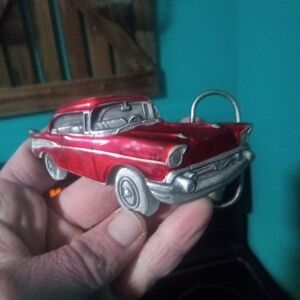 57 CHEVY Car Red  Enamel Finish Belt Buckle Bergamot Brass 1979